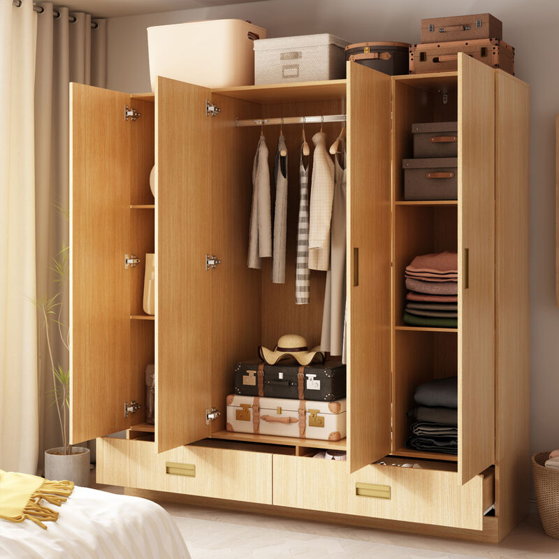 FUFU&GAGA Spacious 4-Door Wardrobe with Shelves, Drawers, and Hanging Rod, (63" W x 18.1" D x 66.9" H),Brown