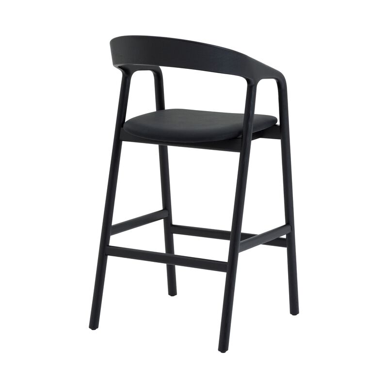 Agas Bar Stool Chair, Curved Back, Faux Leather Upholstery, Black Oak Wood - Benzara