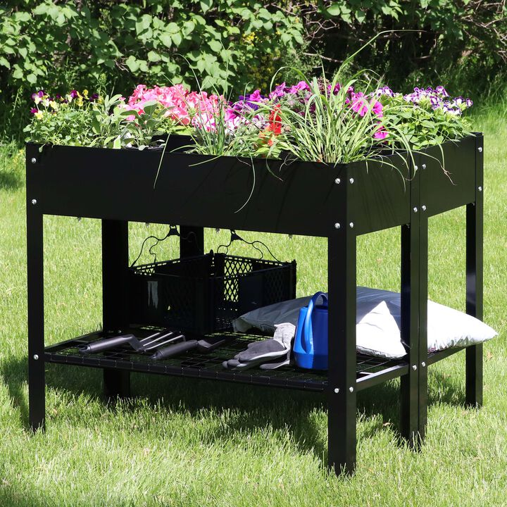 Sunnydaze Galvanized Steel Raised Bed with Mesh Shelf - Black - Set of 2