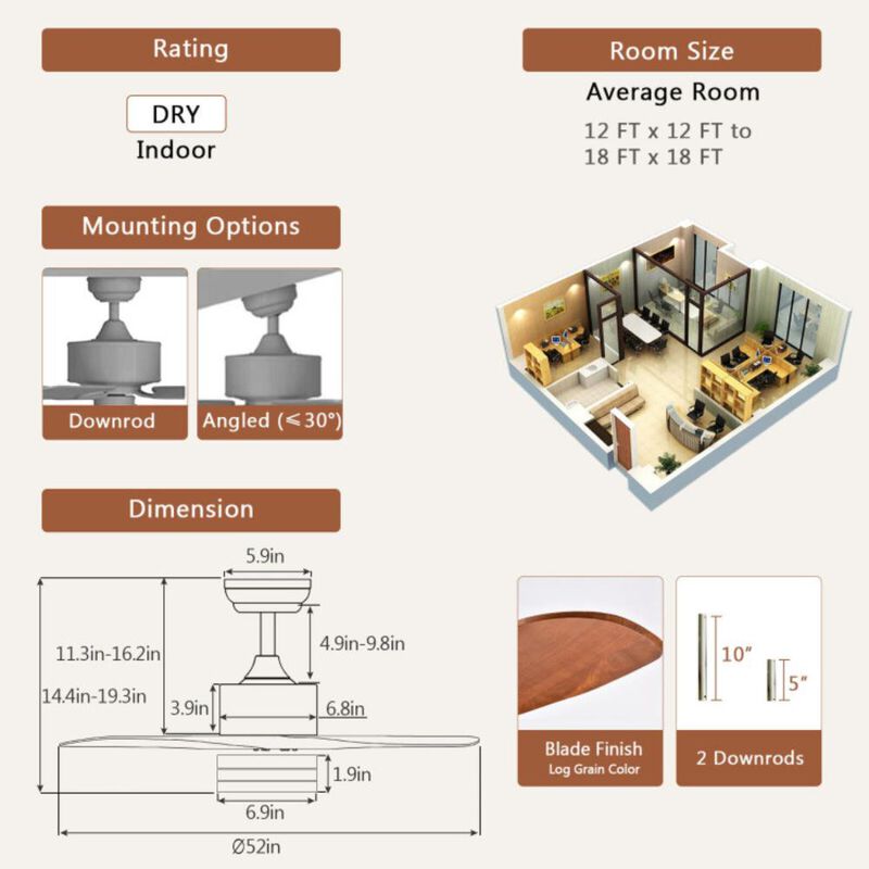 Hivvago 52 Inch Reversible Ceiling Fan with LED Light and Adjustable Temperature