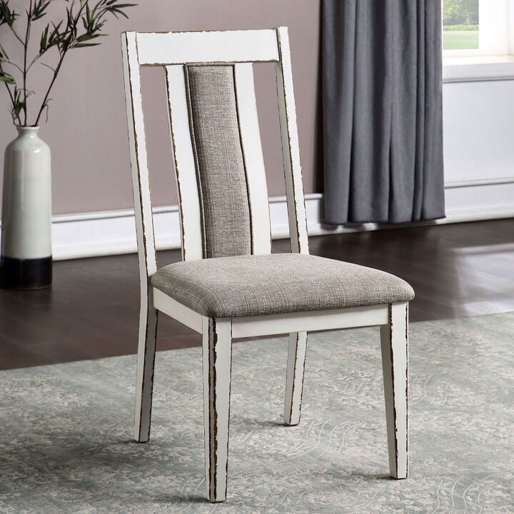 Weathered White Side Chairs Set, Fabric Upholstered