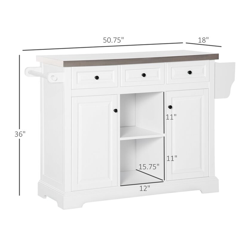 White Wheeled Prep Station: Mobile Kitchen Island with Steel Top & Spice Rack