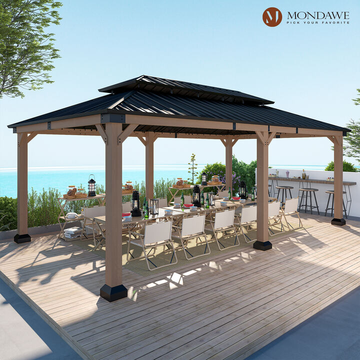 Mondawe 12 ft. x 20 ft. Outdoor Cedar Wood Frame Hardtop Gazebo Double Galvanized Steel Roof