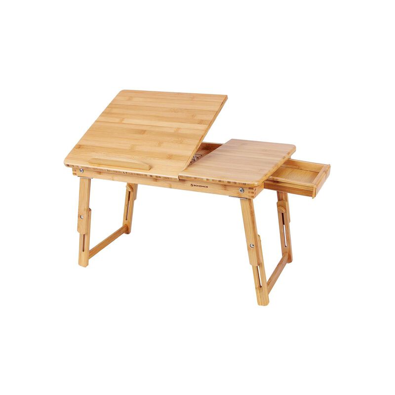 Multi-Function Lap Desk Table with Adjustable Tilting Top and Storage Drawer - Foldable Bamboo Wood Bed Tray