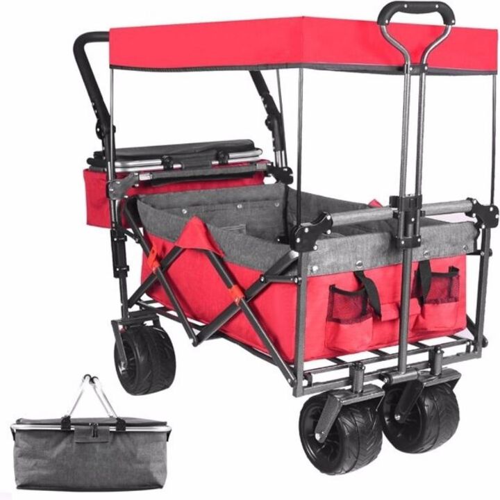 Collapsible Heavy Duty Wagon Cart, Folding Outdoor Cart with Removable Canopy for Beach & Camping