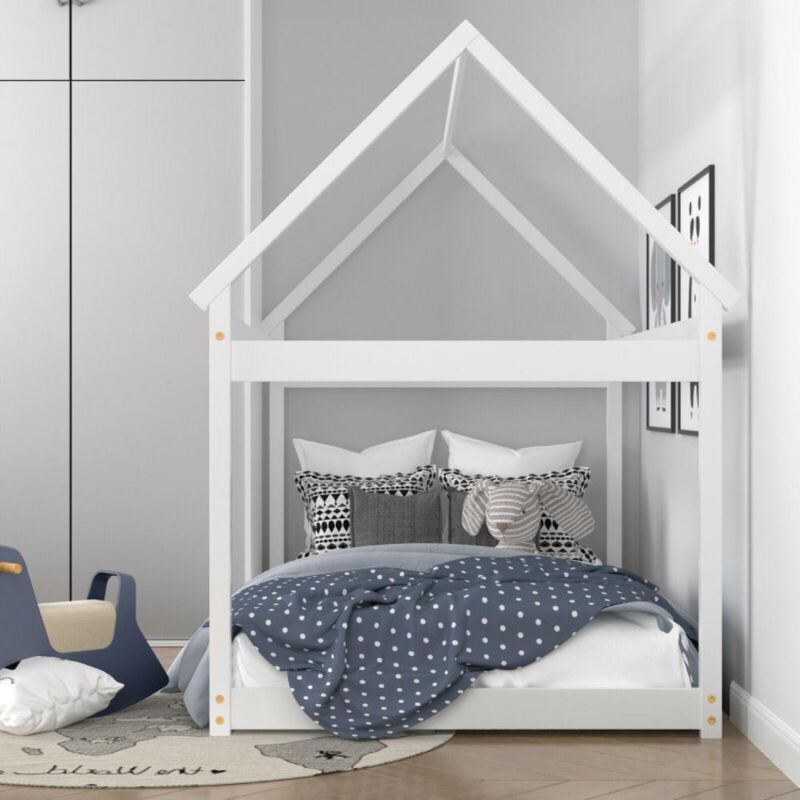 Hivvago Twin Size Kids House Bed Wood Frame with Roof