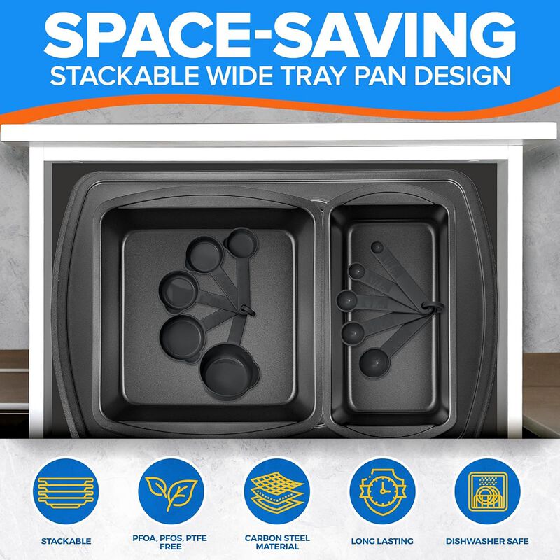 Stackable Baking Pan Set - Deluxe Nonstick White Marble Coating, Carbon Steel Bakeware Sets, PFOA, PFOS, PTFE Free, Recipe Booklet Included, Oven Safe (Up to 450°F), Set of 7 - Black