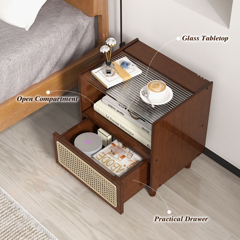 Set of 2 Bamboo Rattan Nightstand with Drawer and Solid Wood Legs