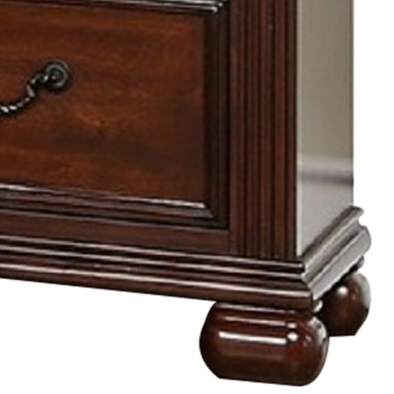 Miri 25 Inch 3 Drawer Nightstand, Brass Carved Accents, Cherry Oak Brown-Benzara