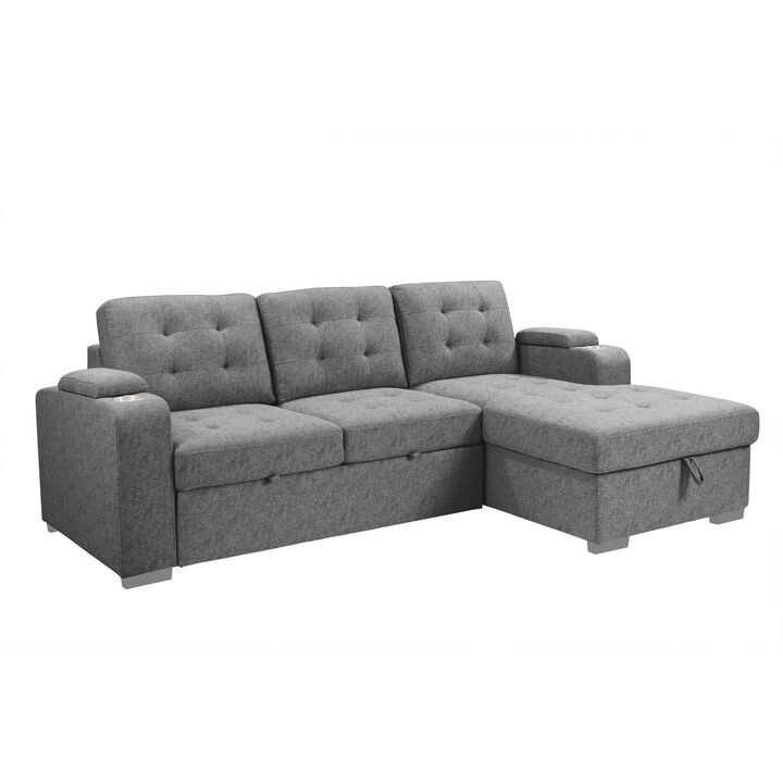 120 Inch Sleeper Sectional Sofa Bed with Storage, Modern Tufted Gray Fabric - Benzara