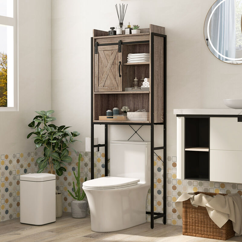 4-Tier Multifunctional Toilet Sorage Cabinet with Adjustable Shelf and Sliding Barn Door