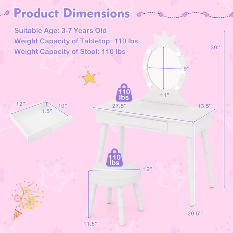 Hivvago Kids Vanity Set with Lighted Mirror with Adjustable Brightness and Large Drawer