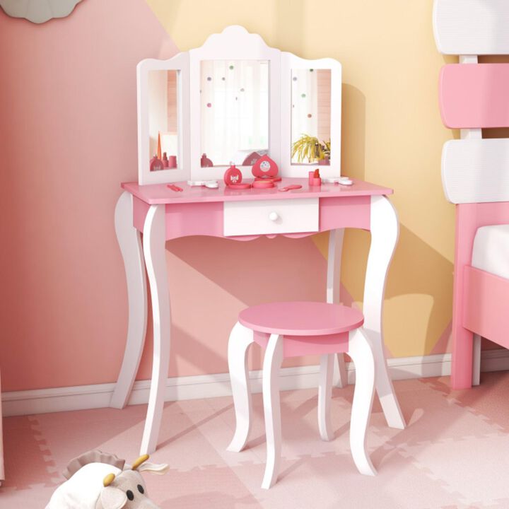 Hivvago Kid's Wooden Vanity Table and Stool Set  with 3-Panel Acrylic Mirror-White