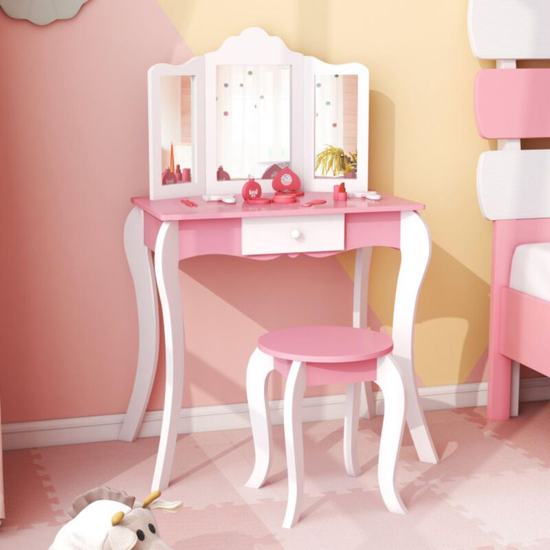 Hivvago Kid's Wooden Vanity Table and Stool Set  with 3-Panel Acrylic Mirror-White