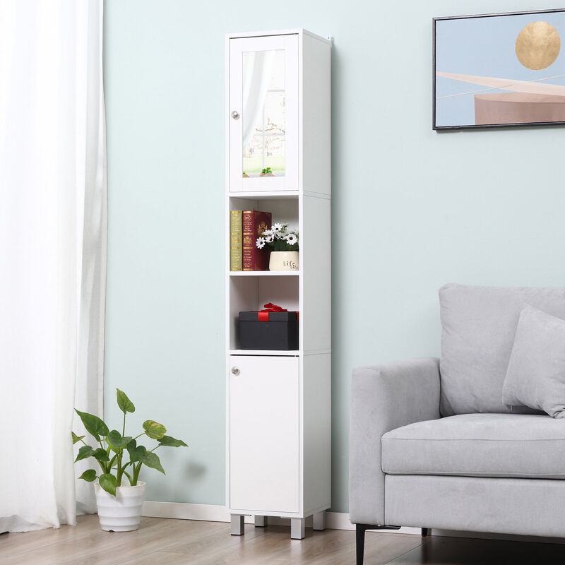 White Bathroom Tower: 71" Freestanding Cabinet with Mirror and Shelves