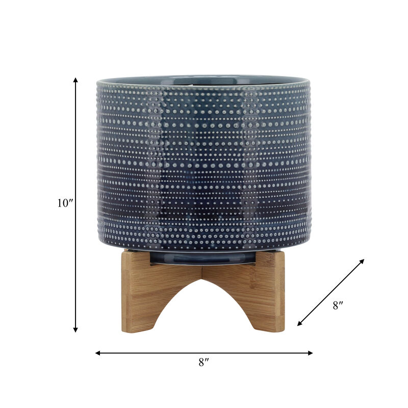 8" Dotted Planter with Wood Stand, Blue