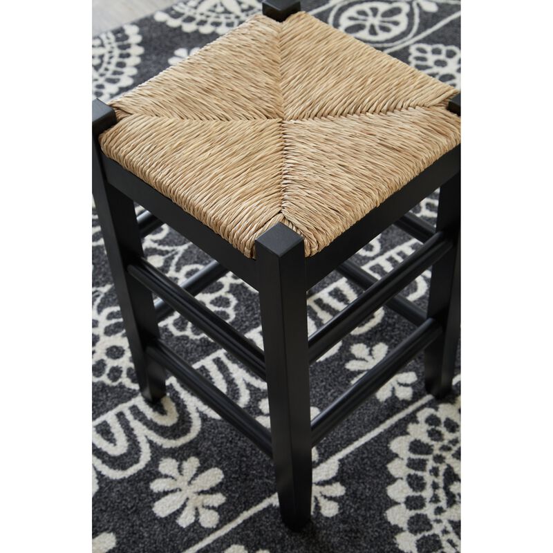 Anya Bar Height Stool, Woven Seagrass Seat, 30 Inch, Black Wood Frame - Benzara