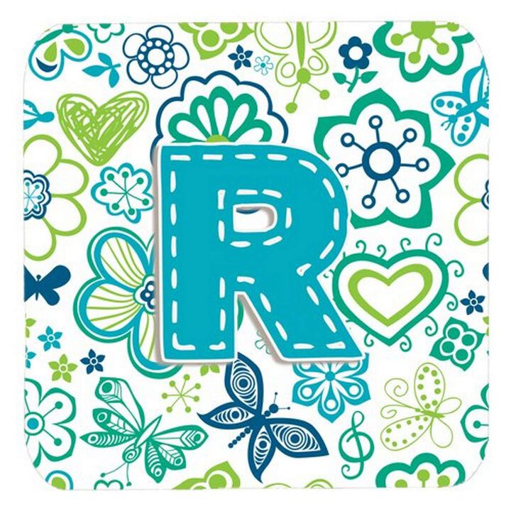 Caroline's Treasures CJ2006-RFC Letter R Flowers and Butterflies Teal Blue Foam Coasters (Set of 4), 3.5, Multicolor