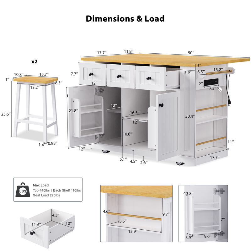 Merax Kitchen Island with 2 Bar Stools