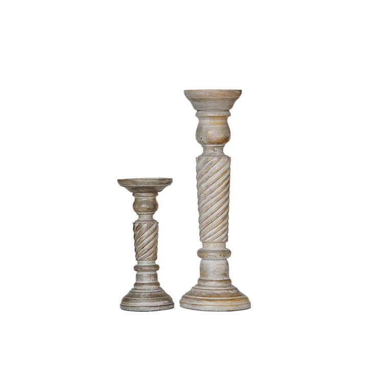 BBH Homes Traditional Gray Wash Eco-friendly Handmade Mango Wood Set Of Two 9" & 15" Pillar Candle Holder