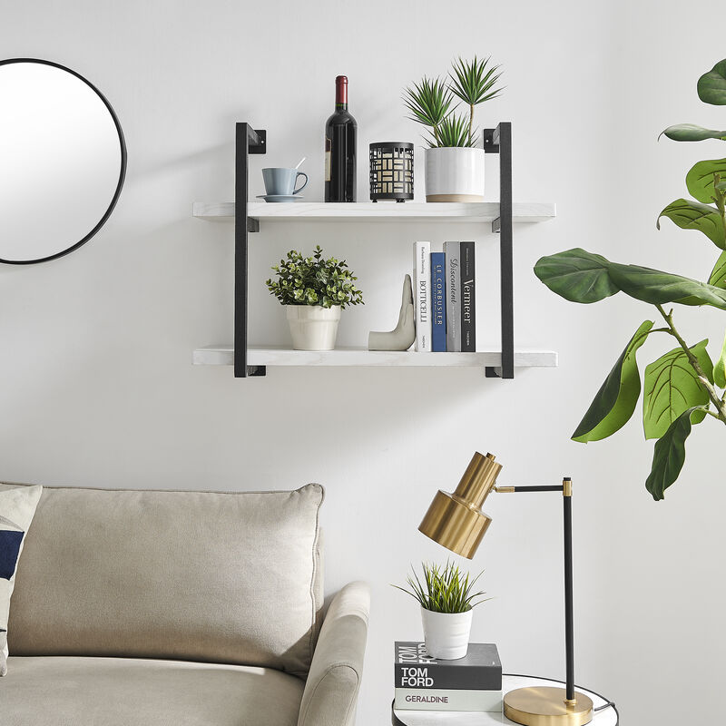 Modern 2-Tier Hanging Bracket Wall Shelves in Black Metal and White Birch Finish