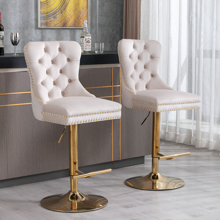Thick Golden Swivel Velvet Barstools Adjusatble Seat Height From 27-35 Inch