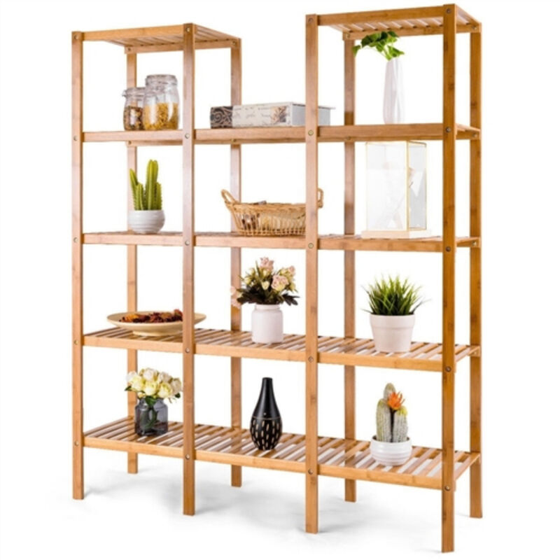 Wicker Wood 4-Shelf Bookcase Plant Stand Shelving Unit