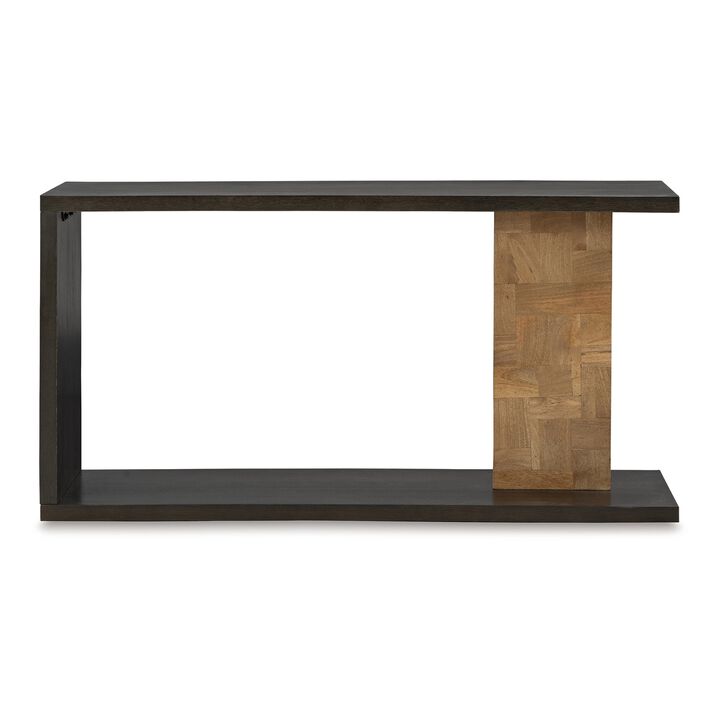 Console Sofa Table, Solid Wood C Shape w Shelf, Black Brown 58 Inch - Benzara