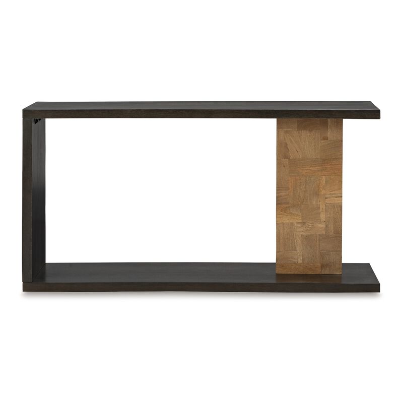 Console Sofa Table, Solid Wood C Shape w Shelf, Black Brown 58 Inch - Benzara