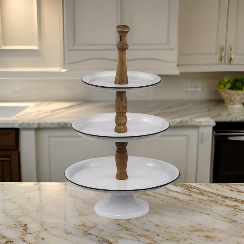 Mlyn 24 Inch 3 Tier Serving Tray, Round Metal Base, White Brown, and Black - Benzara
