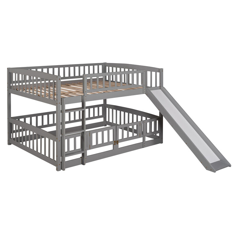 Bunk Bed With Slide, Full Over Full Low Bunk Bed With Fence And Ladder For Toddler Kids Teens