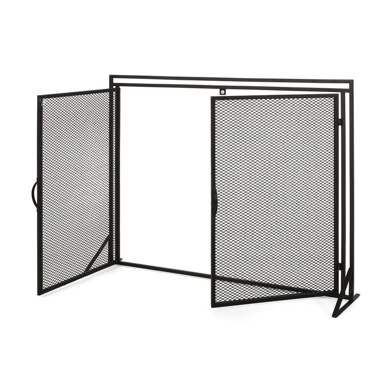 Fireplace Screen, 2 Doors, Open Diamond Mesh Design, Matte Black Iron -Benzara