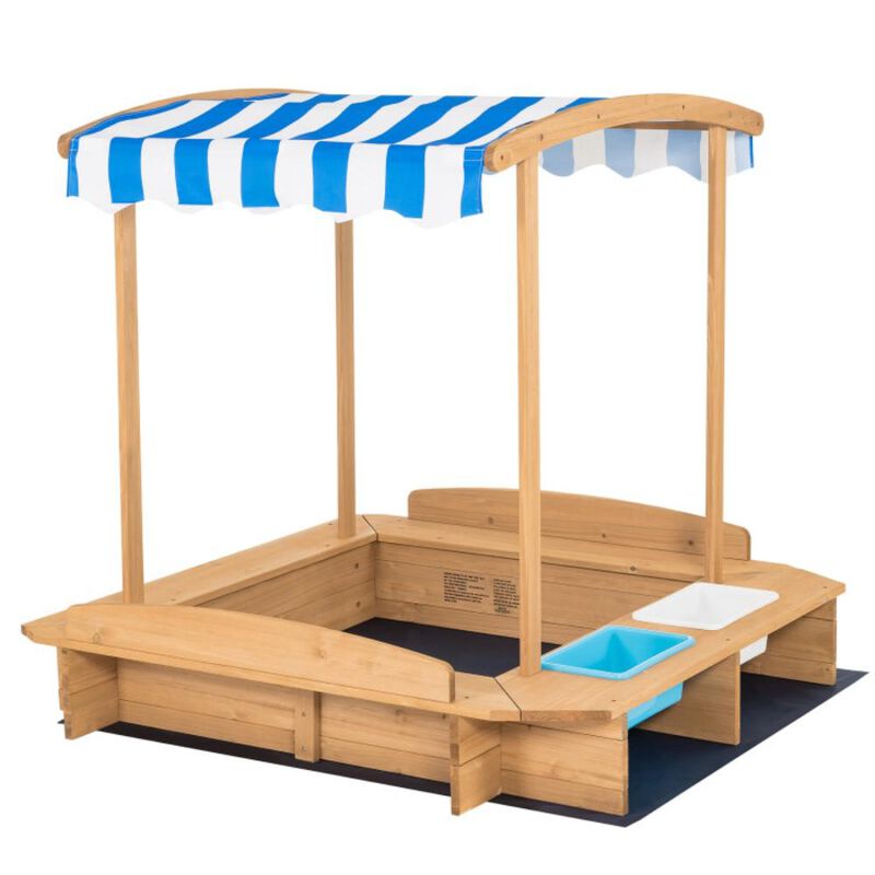 Hivvago Kids Wooden Sandbox with Striped Canopy