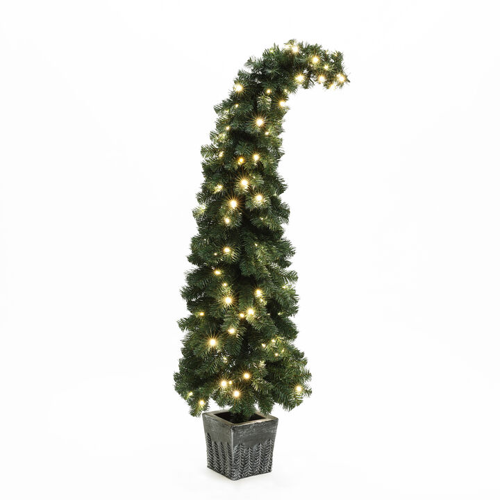 LuxenHome 5Ft Pre-Lit Leaning Top Green Artificial Potted Christmas Tree