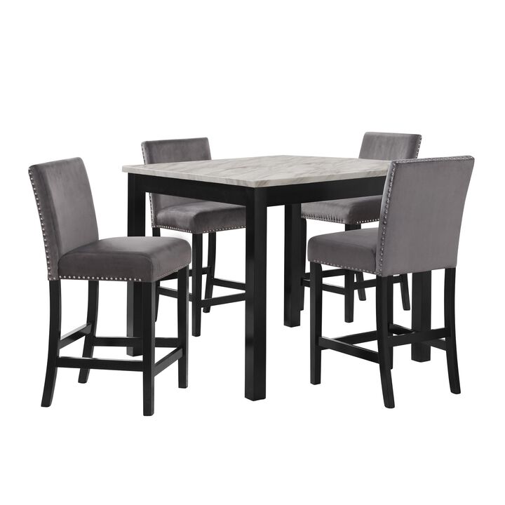 Kate 42 Inch 5 Piece Counter Table Set with Velvet Seating, Gray - Benzara