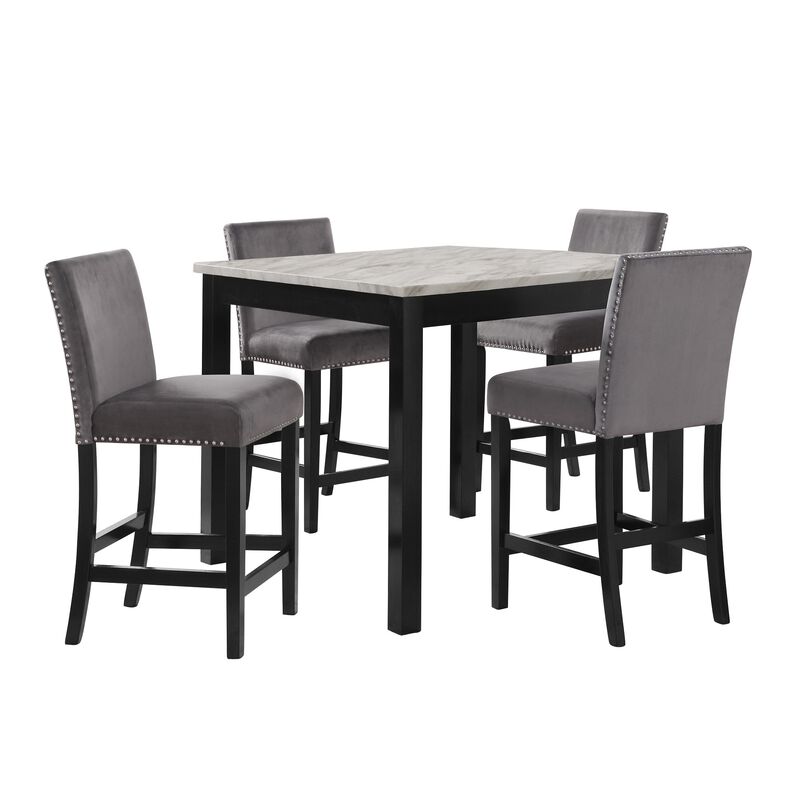 Kate 42 Inch 5 Piece Counter Table Set with Velvet Seating, Gray - Benzara