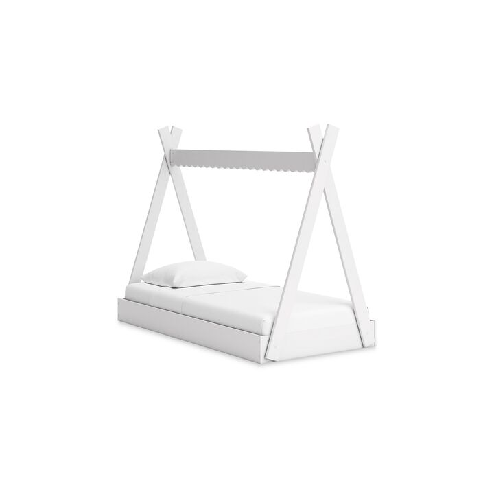 Kally Twin Size Floor Bed, Tent Style Design, Matte White Wood - Benzara