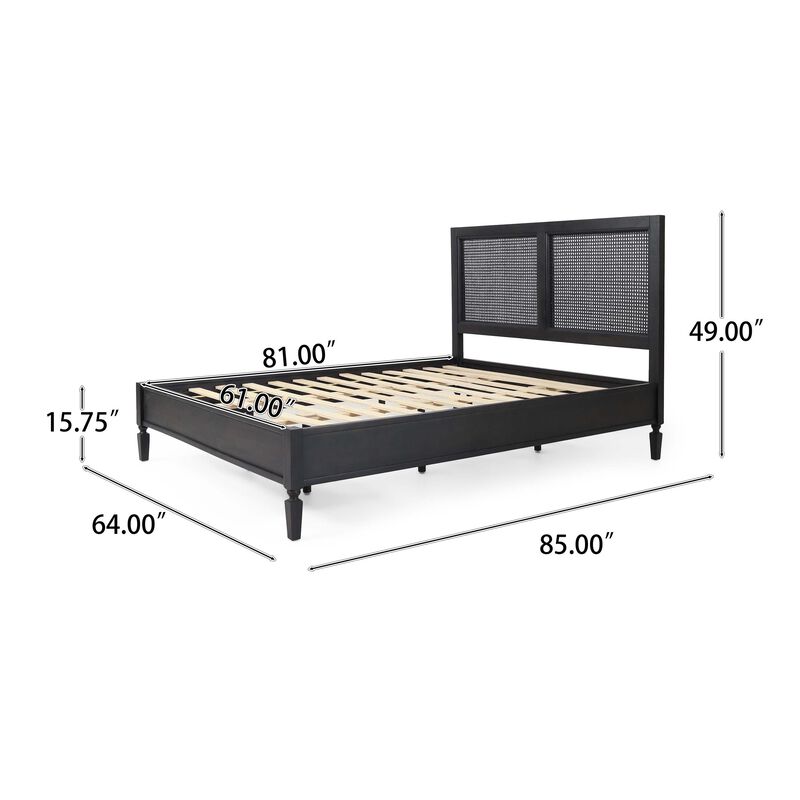 Queen Bed, Cane Rattan Upholstered Headboard, Dark Gray Acacia Wood - Benzara