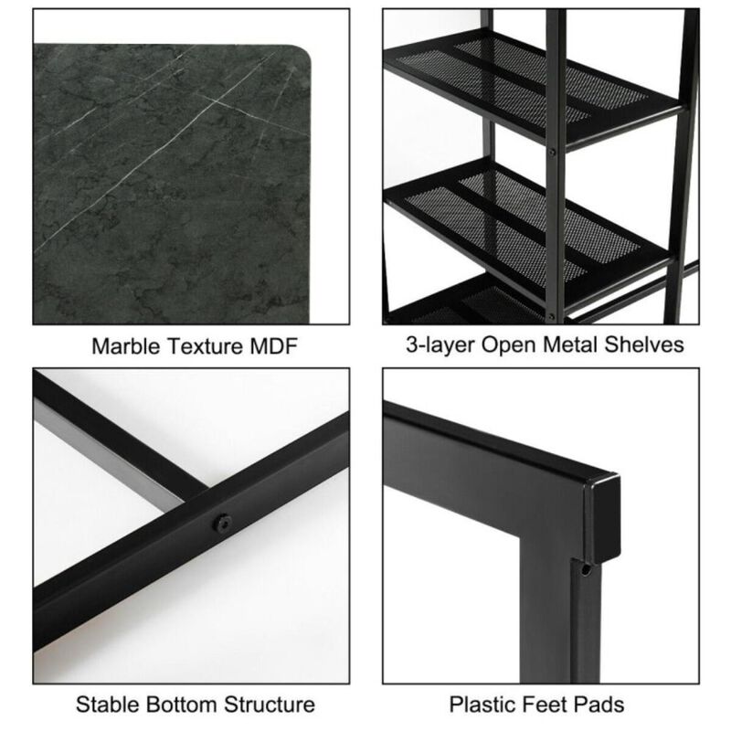 Hivvago 3 Pieces Dining Set with Rectangular Faux Marble and 3 Metal Storage Shelves