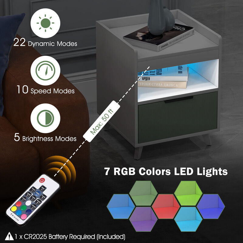 Modern Nightstand with LED Lights Sliding Drawer and Open Compartment