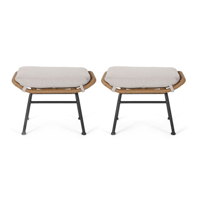 Margo Outdoor Ottoman Set of 2, 24 Inch Black Iron, Brown and Beige -Benzara