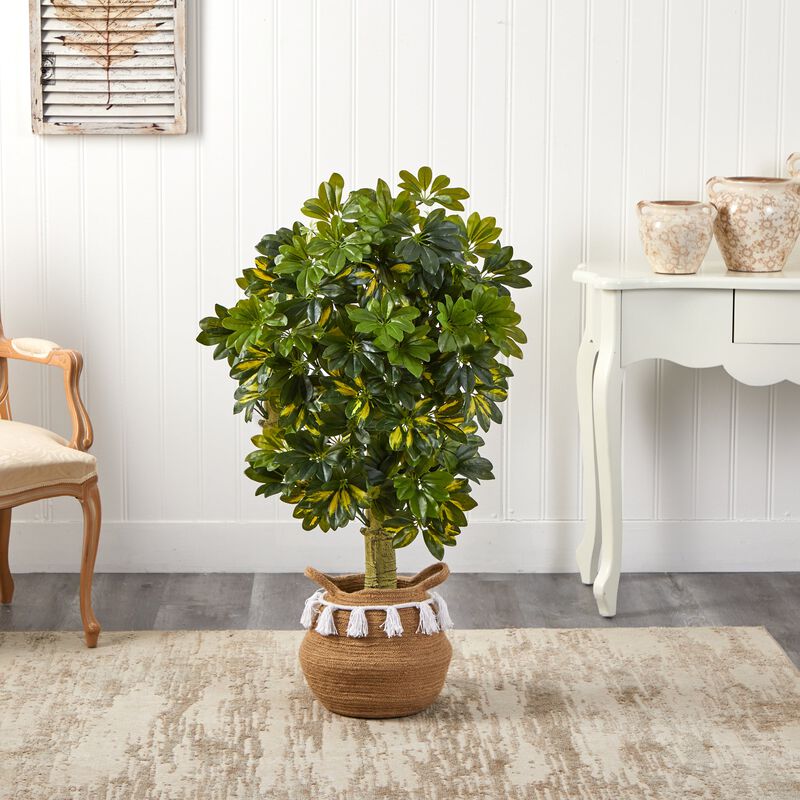 Hivvago 4 Feet Schefflera Artificial Tree in Boho Chic Handmade Natural Cotton Woven Planter with Tassels (Real Touch)