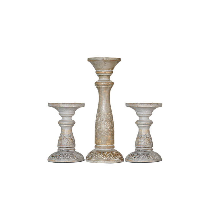 Traditional Gray Wash Eco-friendly Handmade Mango Wood Set Of Three 6",12" & 6" Pillar Candle Holder BBH Homes