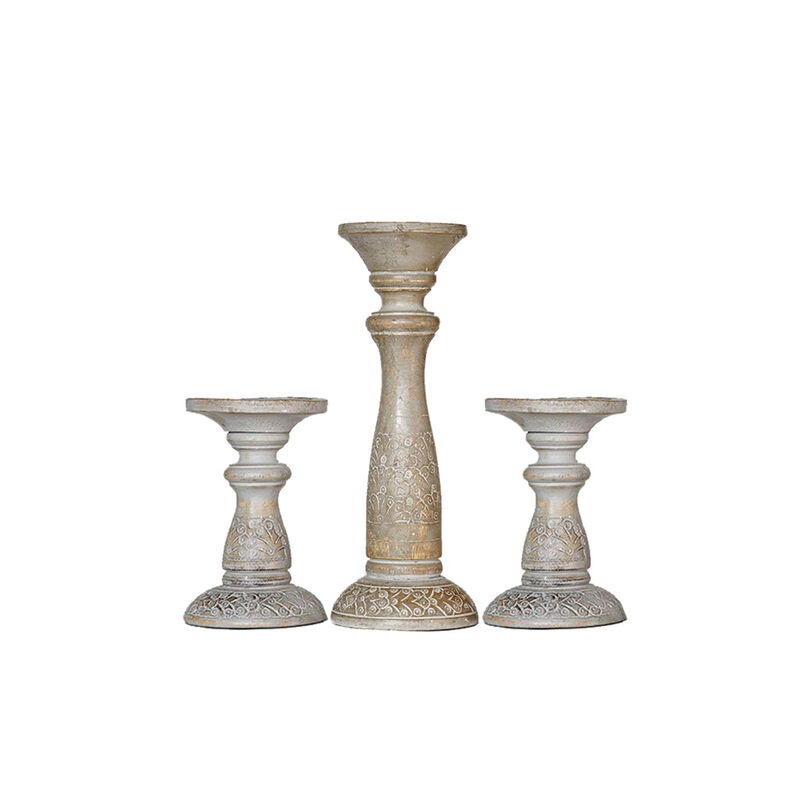 Traditional Gray Wash Eco-friendly Handmade Mango Wood Set Of Three 6",12" & 6" Pillar Candle Holder BBH Homes
