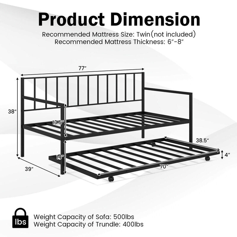 Twin Daybed Set with Metal Slat Support and Roll-Out Trundle