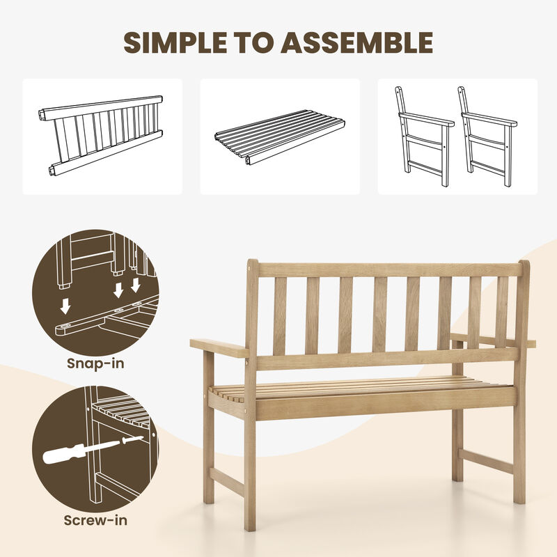 Outdoor Indonesia Teak Wood Garden Bench 2-Person with Backrest and Armrests