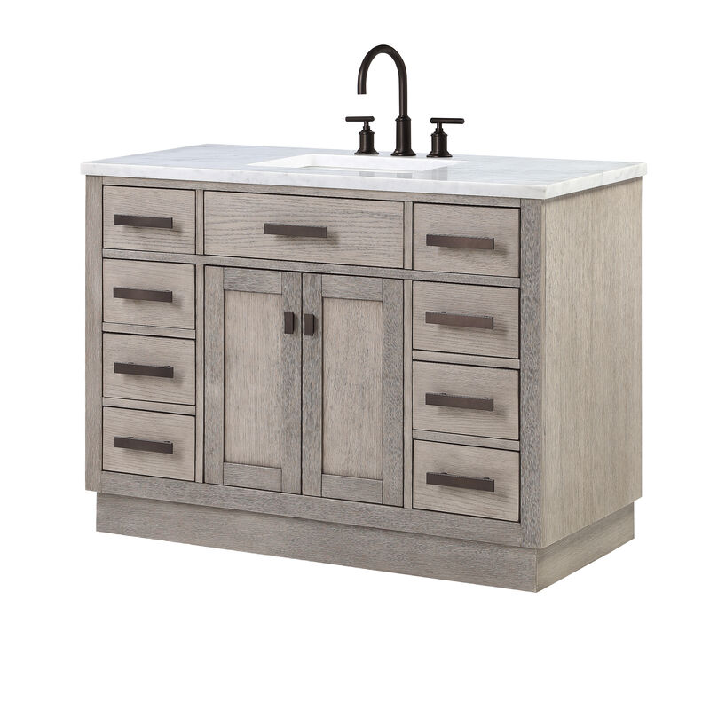 Chestnut 48 In. Single Sink Carrara White Marble Countertop Bath Vanity In Grey Oak with Oil Rubbed Bronze Hardware