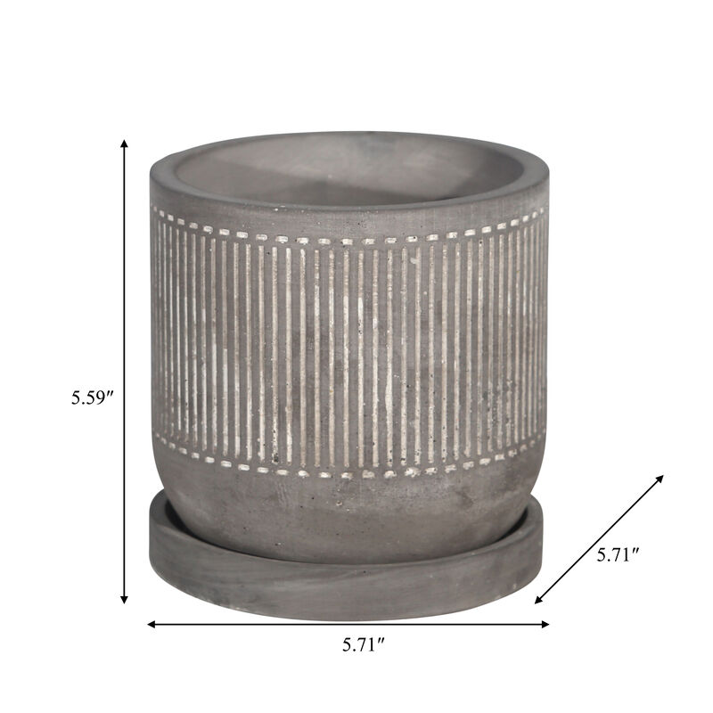 6" Line Pattern Planter with Saucer, Gray