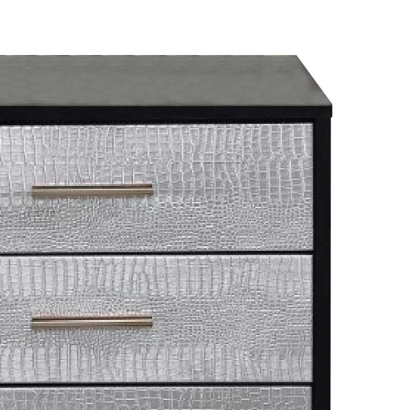 San 19 Inch Glamorous Style Nightstand, 3 Drawers, Black, Silver, Gold-Benzara
