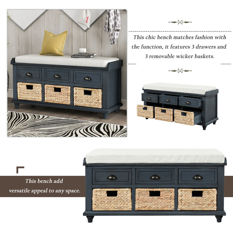 Rustic Storage Bench With 3 Drawers And 3 Rattan Baskets, Shoe Bench For Living Room